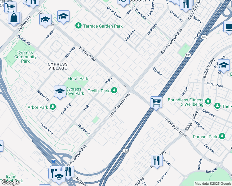 map of restaurants, bars, coffee shops, grocery stores, and more near 88 Field Poppy in Irvine