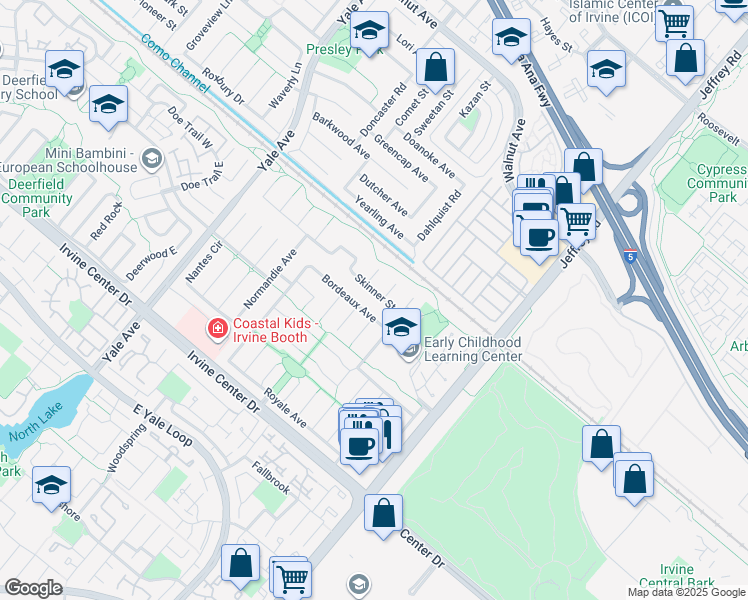 map of restaurants, bars, coffee shops, grocery stores, and more near 15092 Clemons Circle in Irvine