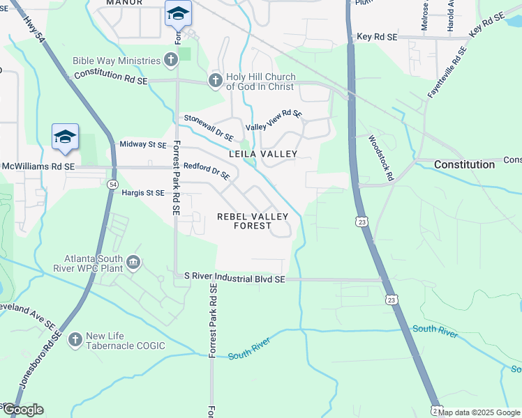 map of restaurants, bars, coffee shops, grocery stores, and more near 1130 Rebel Forest Drive Southeast in Atlanta