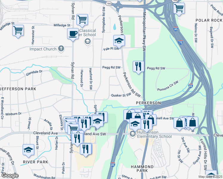 map of restaurants, bars, coffee shops, grocery stores, and more near 2494 Baxter Road Southwest in Atlanta