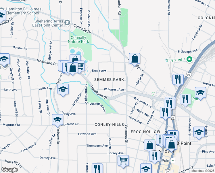 map of restaurants, bars, coffee shops, grocery stores, and more near 1891 West Forrest Avenue in East Point