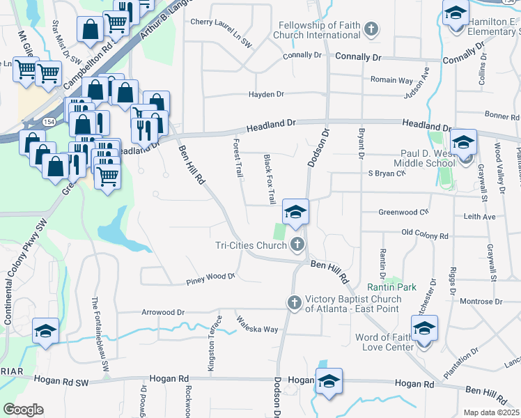 map of restaurants, bars, coffee shops, grocery stores, and more near 2735 Tanglewood Trail in East Point