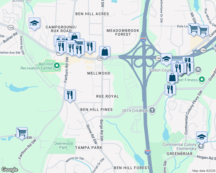 map of restaurants, bars, coffee shops, grocery stores, and more near 2519 Rex Avenue Southwest in Atlanta