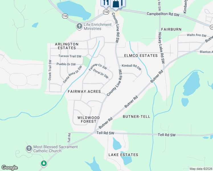 map of restaurants, bars, coffee shops, grocery stores, and more near 2241 Fairway Circle Southwest in Atlanta