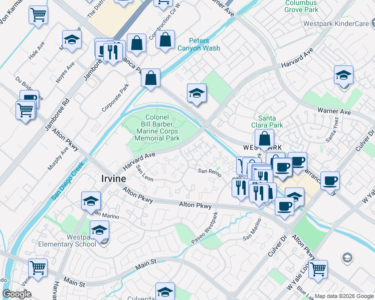map of restaurants, bars, coffee shops, grocery stores, and more near 7 Valmarana Aisle in Irvine