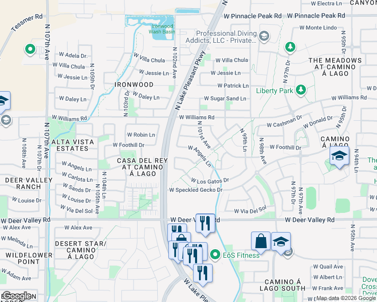 map of restaurants, bars, coffee shops, grocery stores, and more near 10178 West Angels Lane in Peoria