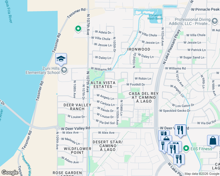 map of restaurants, bars, coffee shops, grocery stores, and more near 10542 West Foothill Drive in Peoria