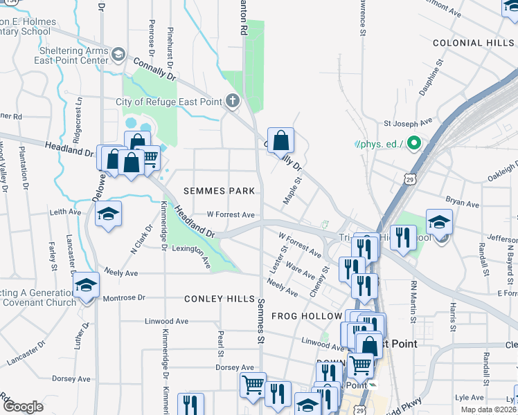 map of restaurants, bars, coffee shops, grocery stores, and more near 2498 Semmes Street in East Point