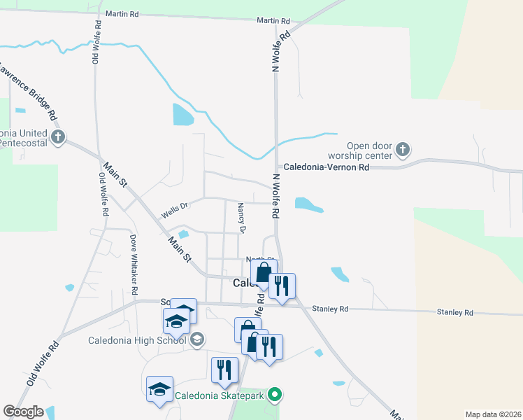 map of restaurants, bars, coffee shops, grocery stores, and more near 382 Wells Drive in Caledonia