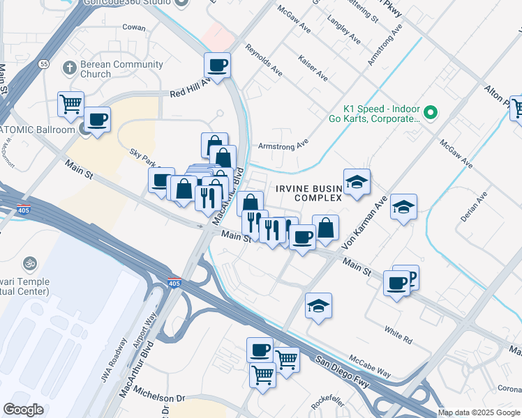 map of restaurants, bars, coffee shops, grocery stores, and more near 140 Citysquare in Irvine