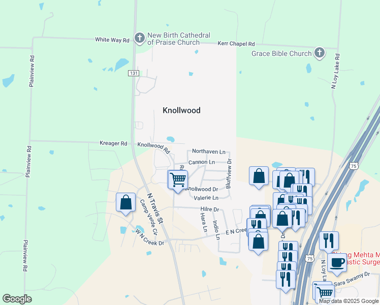 map of restaurants, bars, coffee shops, grocery stores, and more near 103 Northaven Lane in Knollwood