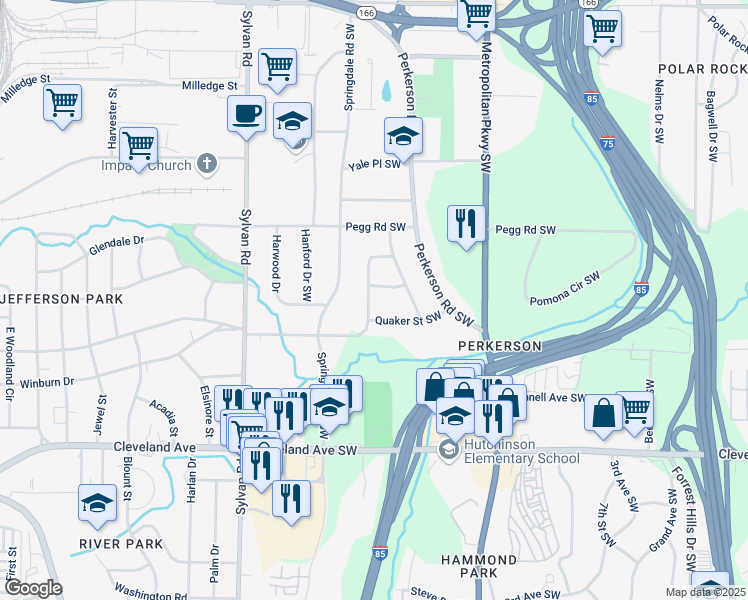 map of restaurants, bars, coffee shops, grocery stores, and more near 2494 Baxter Road Southwest in Atlanta