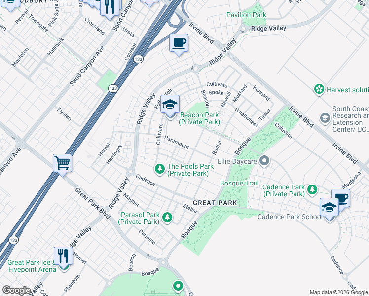 map of restaurants, bars, coffee shops, grocery stores, and more near 150 Paramount in Irvine