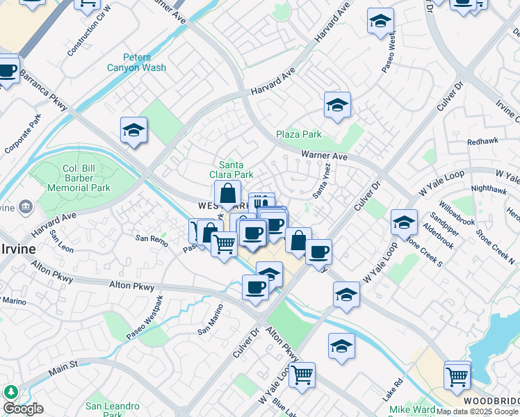 map of restaurants, bars, coffee shops, grocery stores, and more near 1408 Solvay Aisle in Irvine