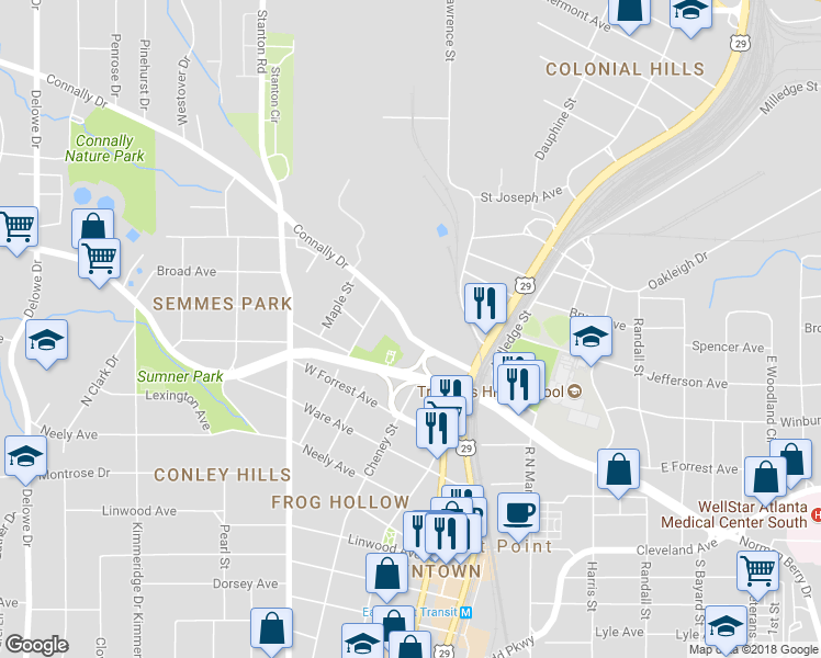 map of restaurants, bars, coffee shops, grocery stores, and more near 1647 Connally Drive in East Point