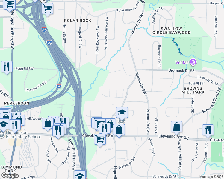 map of restaurants, bars, coffee shops, grocery stores, and more near 2353 Terrace View Circle Southwest in Atlanta