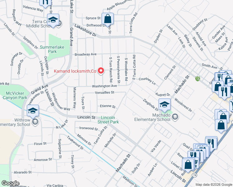 map of restaurants, bars, coffee shops, grocery stores, and more near 15164 Versailles Street in Lake Elsinore
