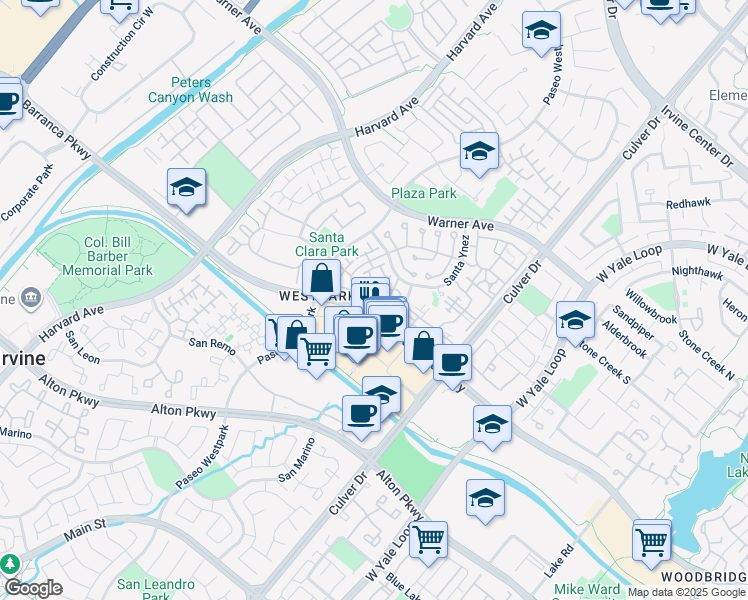 map of restaurants, bars, coffee shops, grocery stores, and more near 1408 Solvay Aisle in Irvine