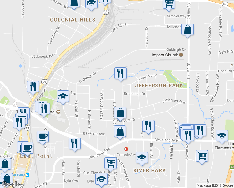 map of restaurants, bars, coffee shops, grocery stores, and more near 2467 W Woodland Cir in East Point