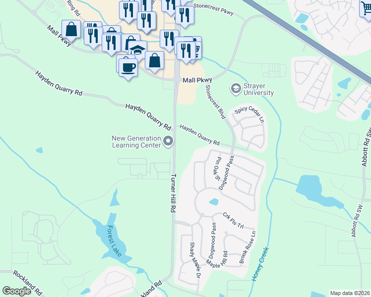 map of restaurants, bars, coffee shops, grocery stores, and more near 3280 Turner Hill Road in Stonecrest