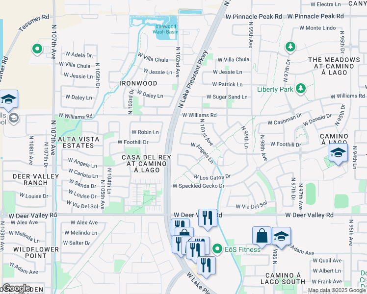 map of restaurants, bars, coffee shops, grocery stores, and more near 10187 West Angels Lane in Peoria