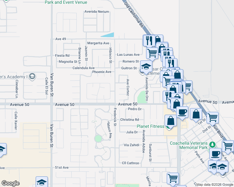 map of restaurants, bars, coffee shops, grocery stores, and more near 84500 Vía Hermosa in Coachella