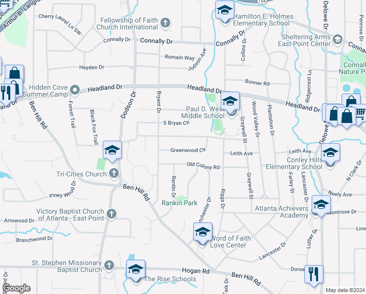 map of restaurants, bars, coffee shops, grocery stores, and more near 2489 Greenwood Circle in East Point