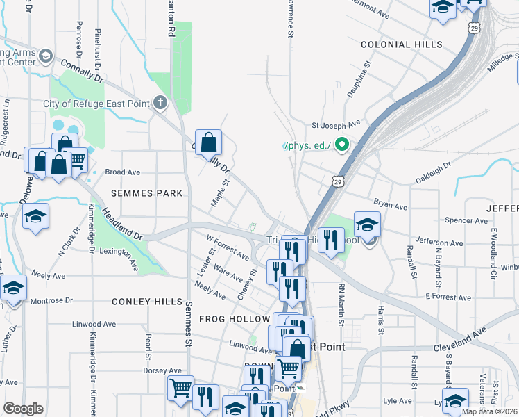 map of restaurants, bars, coffee shops, grocery stores, and more near 1647 Connally Drive in East Point