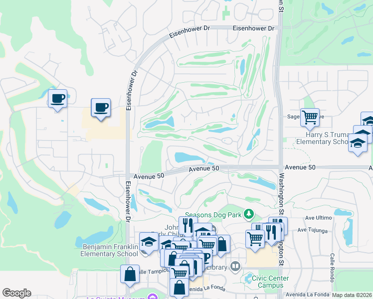map of restaurants, bars, coffee shops, grocery stores, and more near 77975 Lago Drive in La Quinta
