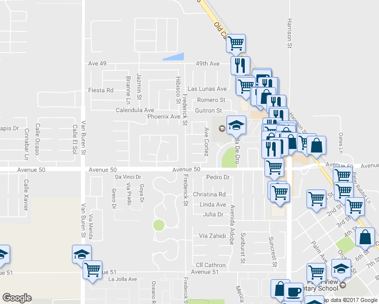 map of restaurants, bars, coffee shops, grocery stores, and more near 84500 Vía Hermosa in Coachella
