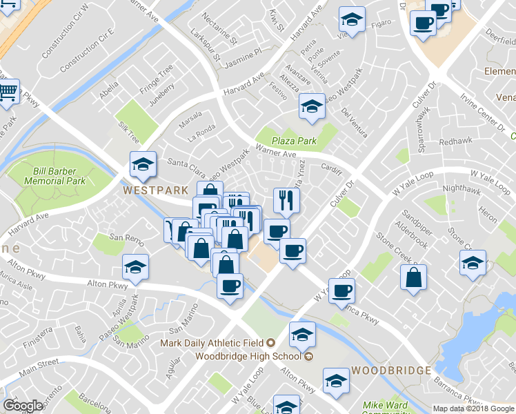 map of restaurants, bars, coffee shops, grocery stores, and more near 303 Tropea Aisle in Irvine