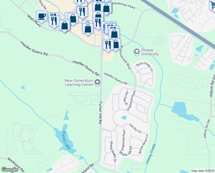 map of restaurants, bars, coffee shops, grocery stores, and more near 3280 Turner Hill Road in Stonecrest