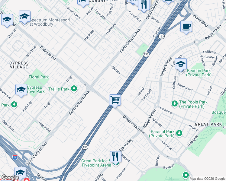 map of restaurants, bars, coffee shops, grocery stores, and more near 50 Hedge Bloom in Irvine