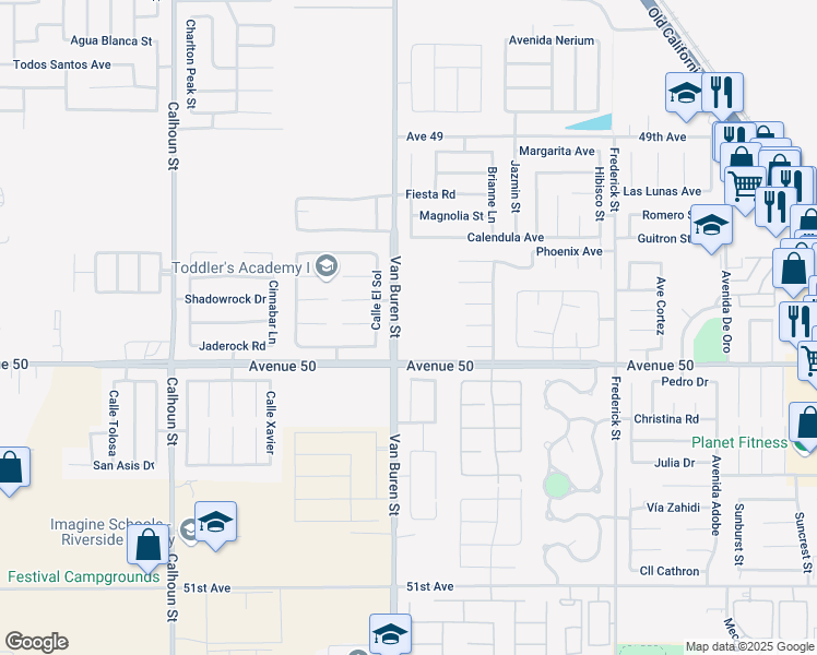 map of restaurants, bars, coffee shops, grocery stores, and more near 84080 Van Buren Street in Thermal