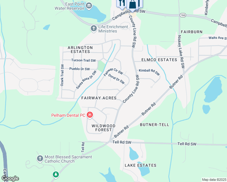 map of restaurants, bars, coffee shops, grocery stores, and more near 4554 Saint Andrews Drive Southwest in Atlanta