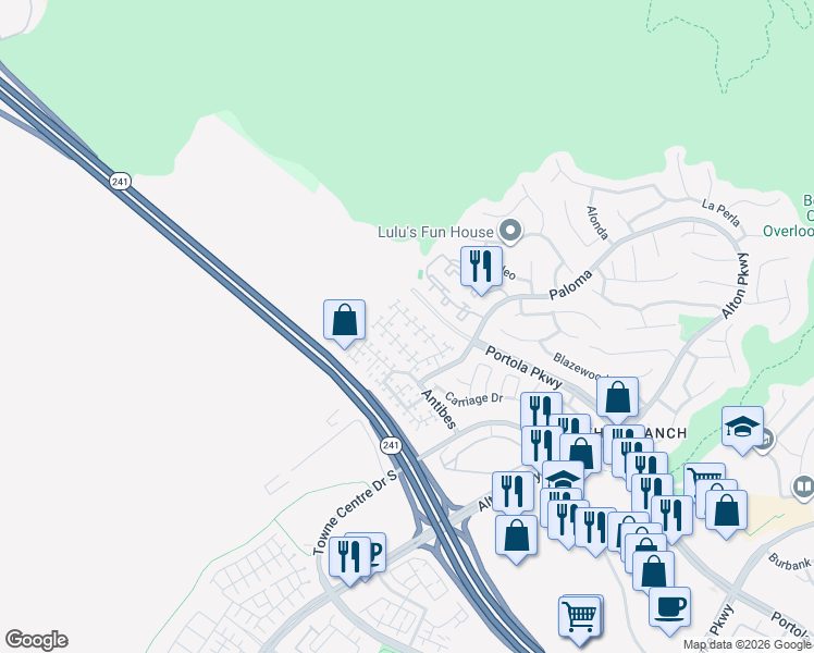 map of restaurants, bars, coffee shops, grocery stores, and more near 67 Santa Barbara Court in Lake Forest