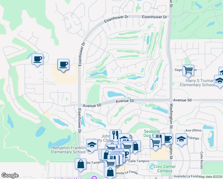 map of restaurants, bars, coffee shops, grocery stores, and more near 77955 Lago Drive in La Quinta