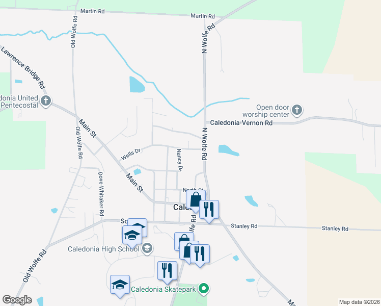 map of restaurants, bars, coffee shops, grocery stores, and more near 382 Wells Drive in Caledonia