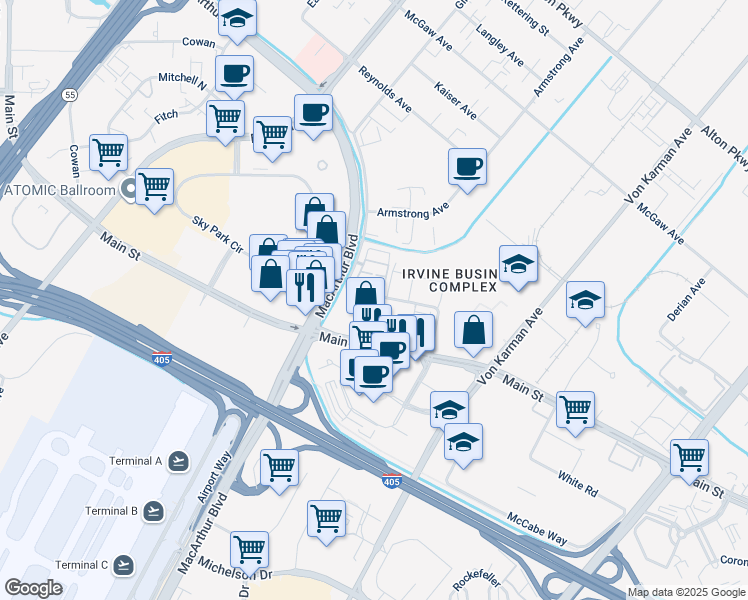map of restaurants, bars, coffee shops, grocery stores, and more near 132 Citysquare in Irvine