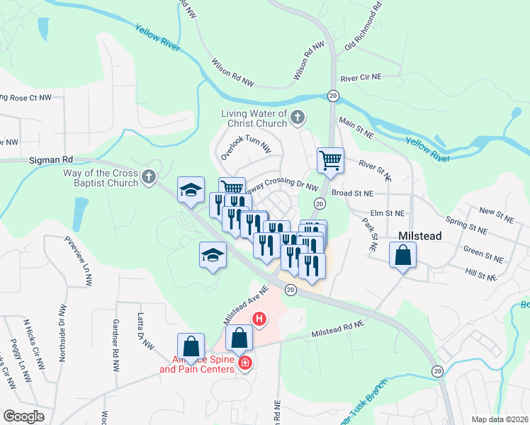 map of restaurants, bars, coffee shops, grocery stores, and more near 129 Odyssey Turn Northwest in Conyers