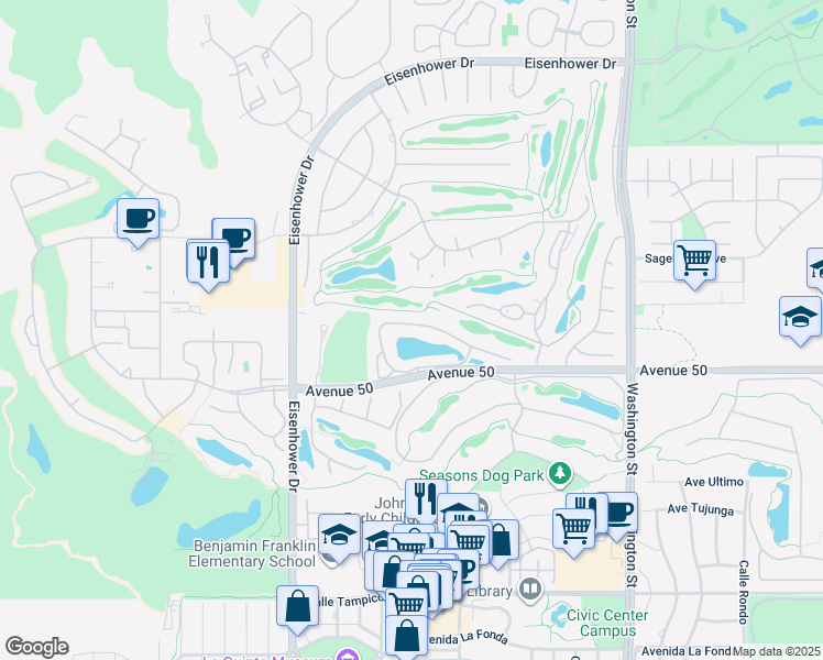 map of restaurants, bars, coffee shops, grocery stores, and more near 77955 Lago Drive in La Quinta