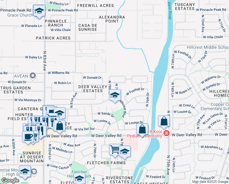 map of restaurants, bars, coffee shops, grocery stores, and more near 22407 North 78th Lane in Peoria