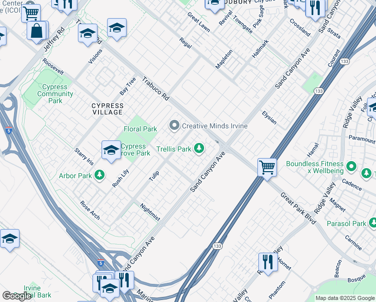 map of restaurants, bars, coffee shops, grocery stores, and more near 88 Field Poppy in Irvine