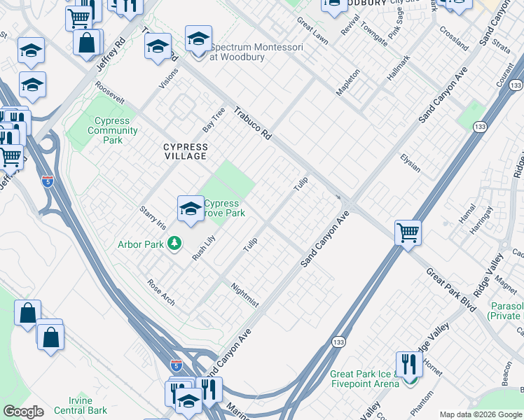 map of restaurants, bars, coffee shops, grocery stores, and more near 62 Bloomington in Irvine