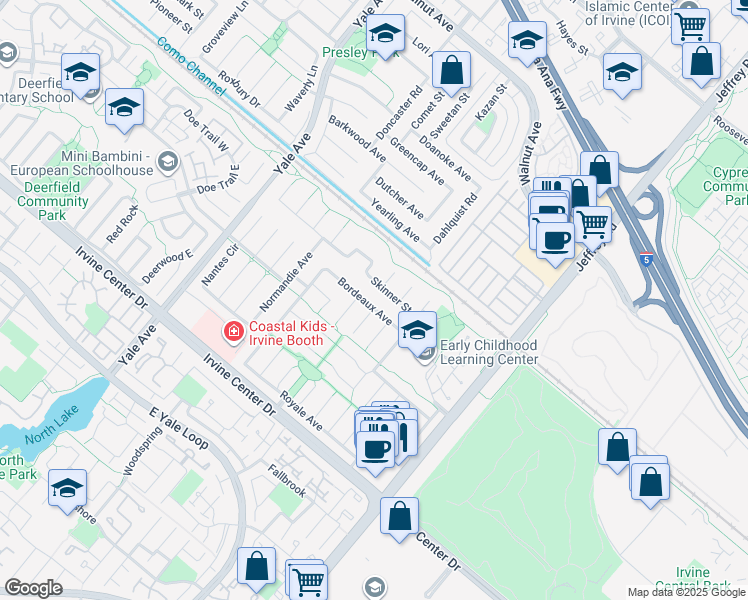 map of restaurants, bars, coffee shops, grocery stores, and more near 15092 Clemons Circle in Irvine