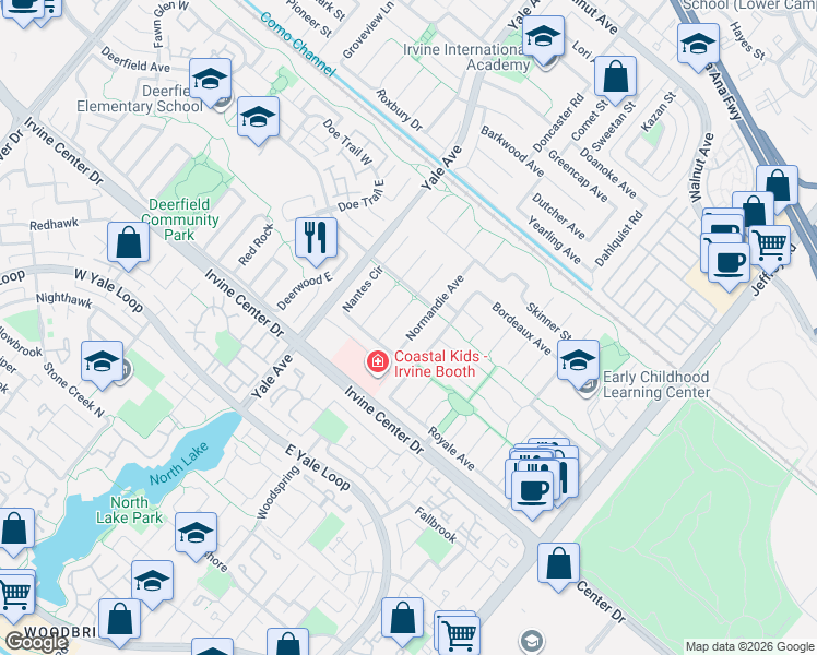 map of restaurants, bars, coffee shops, grocery stores, and more near 15331 Moulins Circle in Irvine