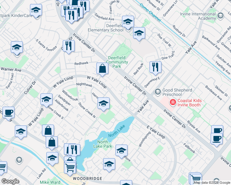 map of restaurants, bars, coffee shops, grocery stores, and more near 32 West Yale Loop in Irvine