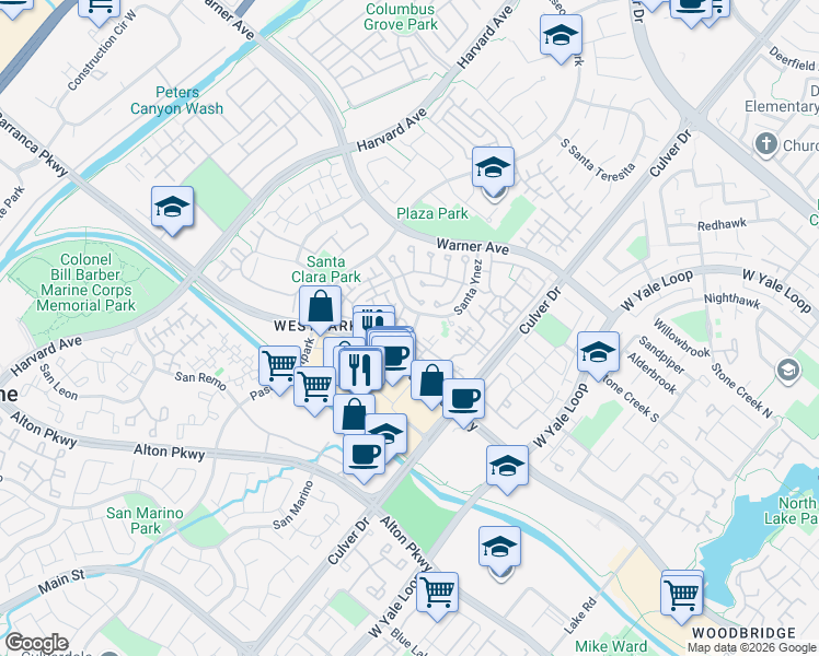 map of restaurants, bars, coffee shops, grocery stores, and more near 303 Tropea Aisle in Irvine