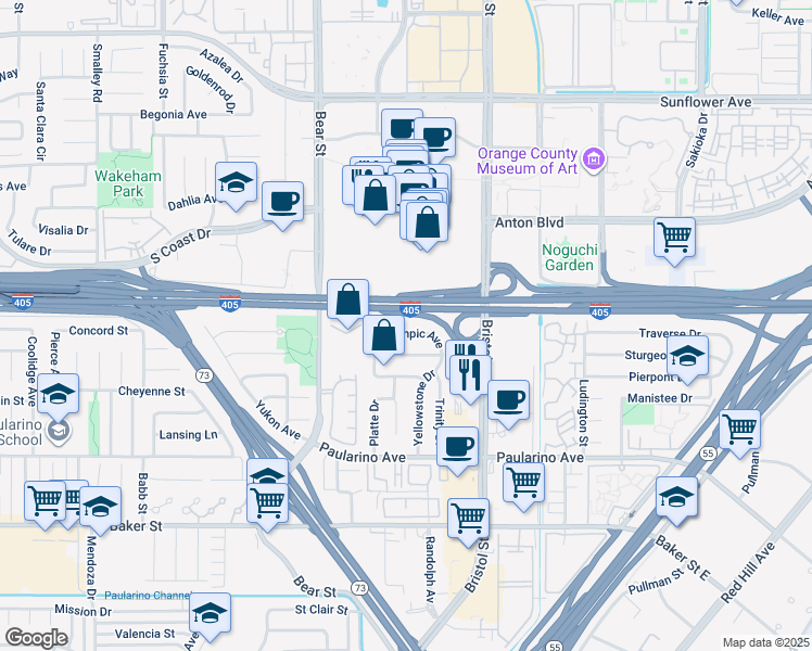 map of restaurants, bars, coffee shops, grocery stores, and more near 13771 Olympic Avenue in Costa Mesa