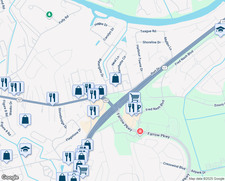 map of restaurants, bars, coffee shops, grocery stores, and more near 3440 Macklen Road in Myrtle Beach